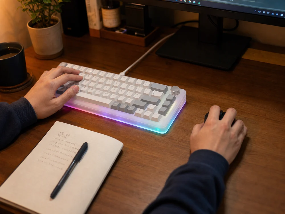 省スペースなデスクで白いWomier VK66 PRO風キーボードを使い、右側にマウスの可動域がしっかり残っている様子