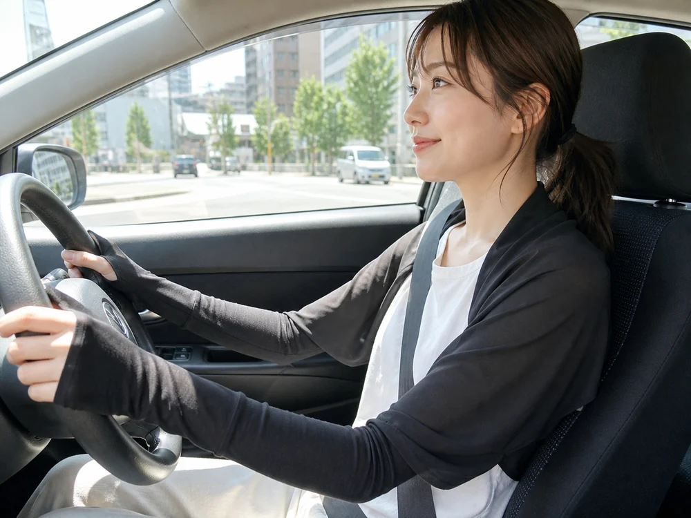 黒のショール型UVアームカバーを着けて夏の日差しの中で運転する様子