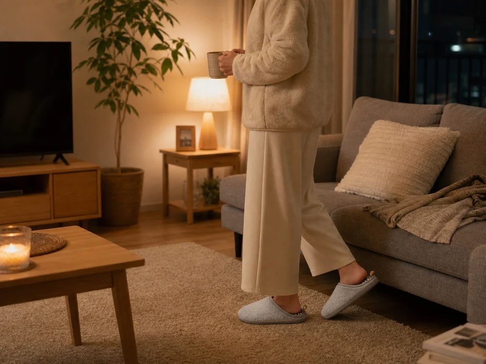 夜のリビングでグレーのもこもこルームシューズを履いて過ごすイメージ