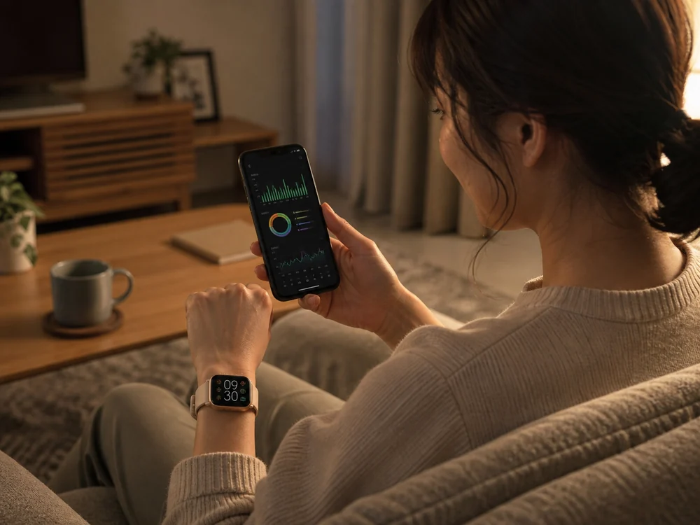 スマホアプリでその日の活動記録を見ながらグレージュのスマートウォッチを使う様子