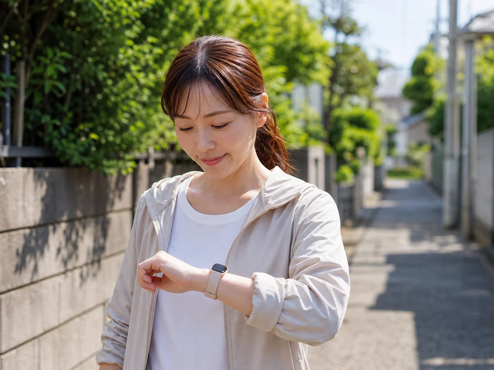 グレージュのスマートウォッチで歩数を確認しながら朝の散歩をする様子