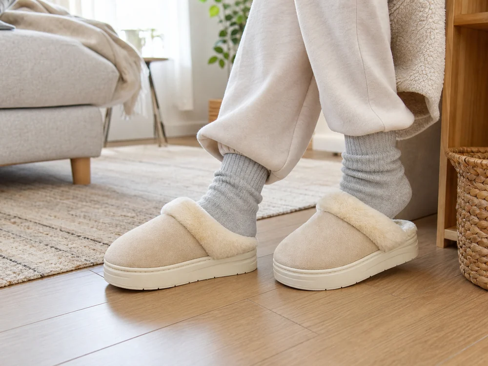 冬の朝のリビングで厚底ファールームシューズを履いて足元を暖めている様子