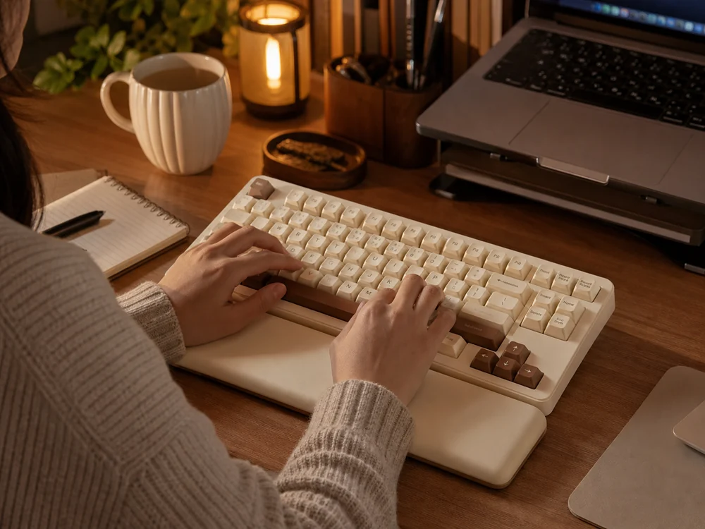 YUNZII B87をリストレスト付きで使う夜の作業イメージ