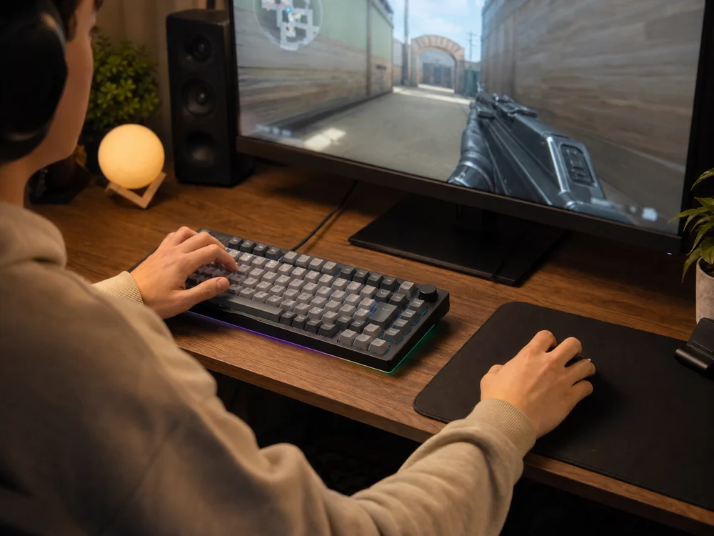 省スペースなデスクで広めのマウス操作をしながらYUNZII RT75系キーボードを使う様子
