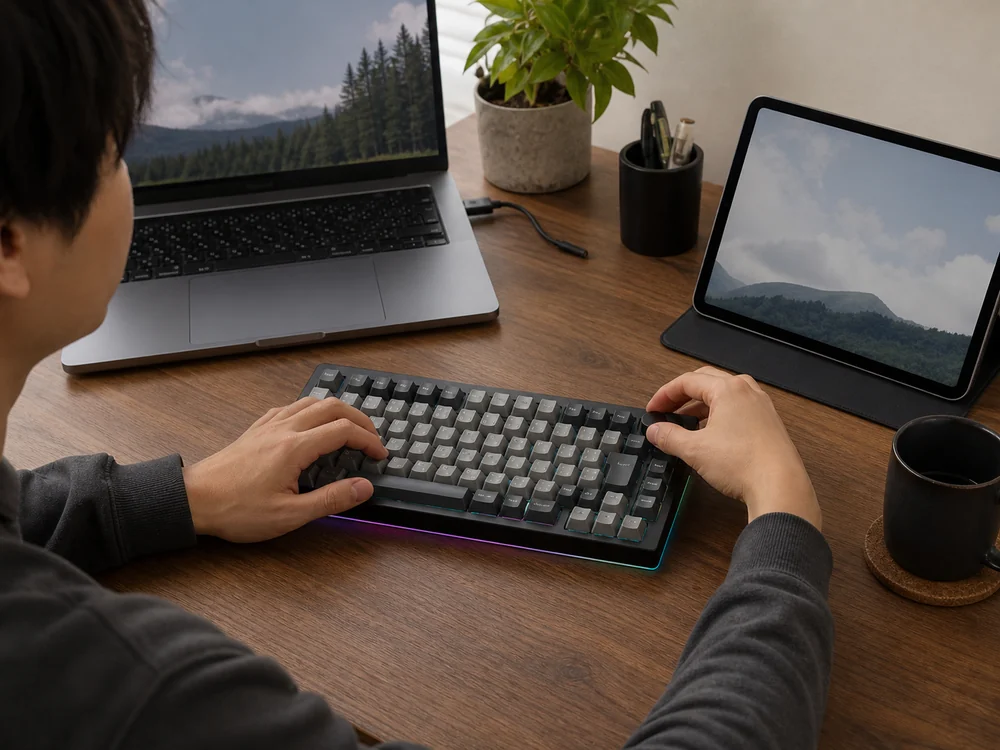 ノブ付きのYUNZII RT75系キーボードをノートPCとタブレットのある作業環境で使う様子