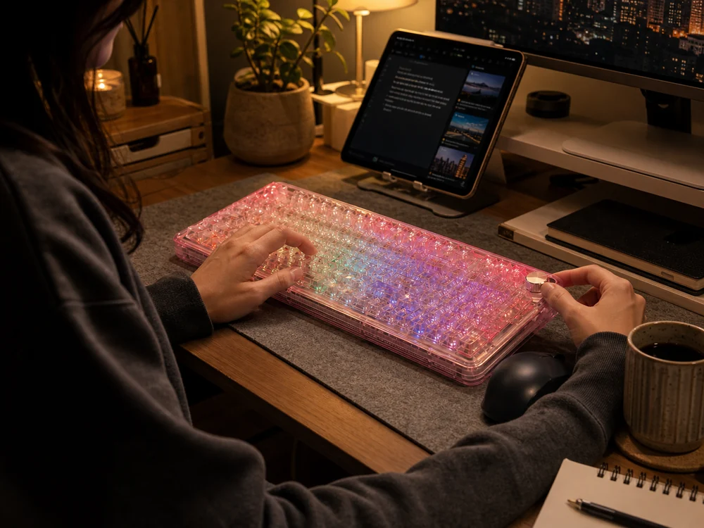 夜の創作時間にノブ付き透明キーボードを使っている様子