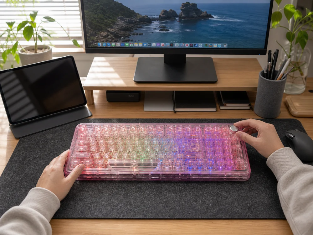透明ピンクの96パーセント配列キーボードをデスク全体で見た配置イメージ
