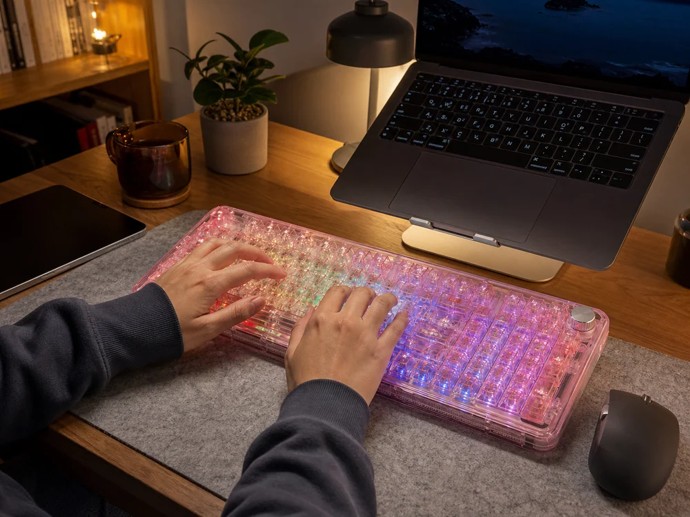 夜の作業机で透明ピンクのメカニカルキーボードを打っている様子