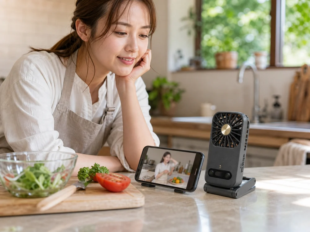 キッチンでスタンド使いできる冷却プレート付きハンディファン