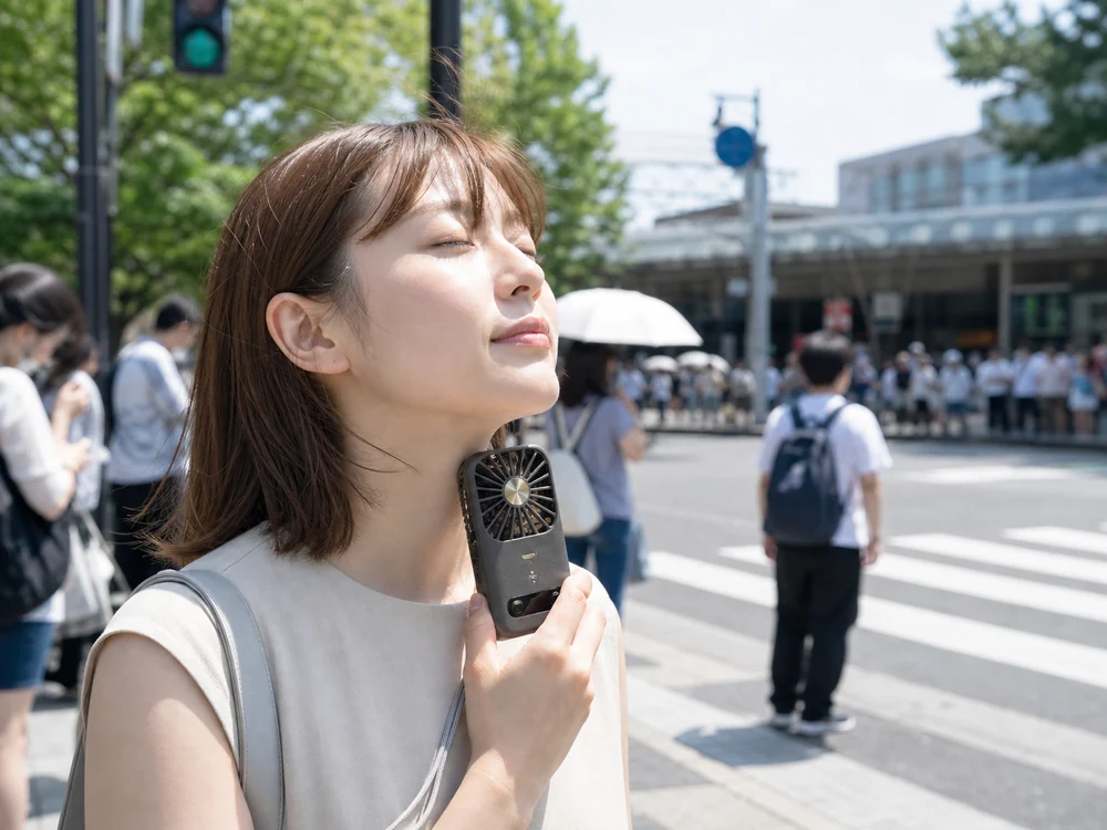 屋外の横断歩道前で冷却プレート付きハンディファンを首元に当てる女性