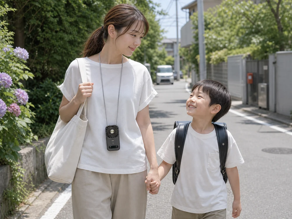 暑い日の外歩きで首掛けしたハンディファンを使う親子