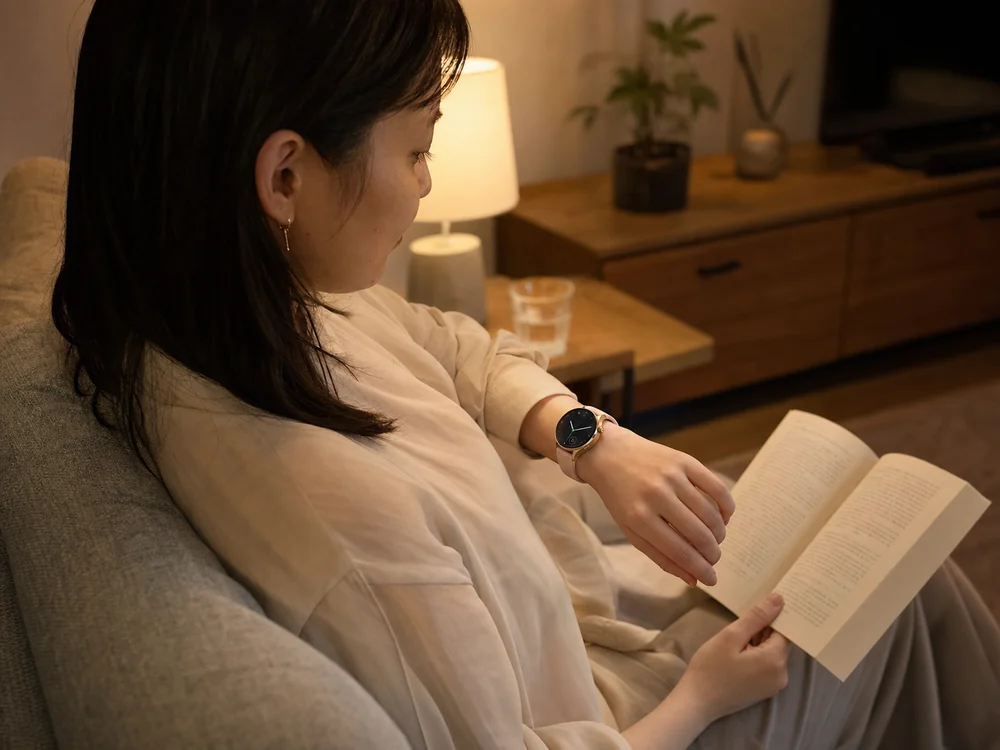 夜の読書中にピンクの丸型スマートウォッチで時刻を見る様子