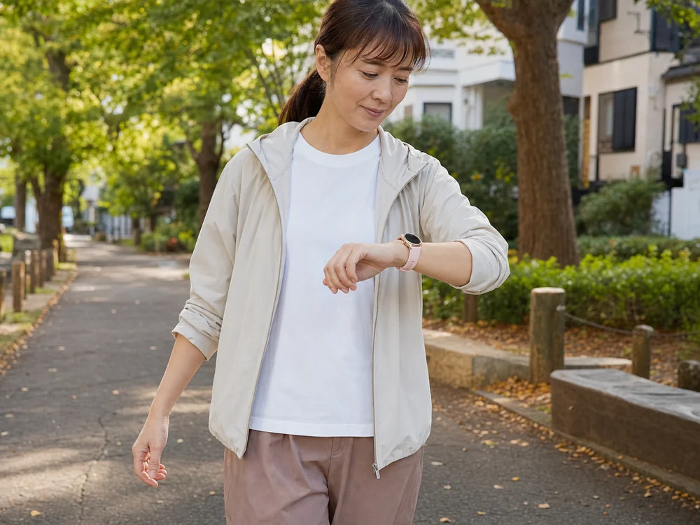 近所を歩きながらピンクの丸型スマートウォッチで活動記録を見る様子