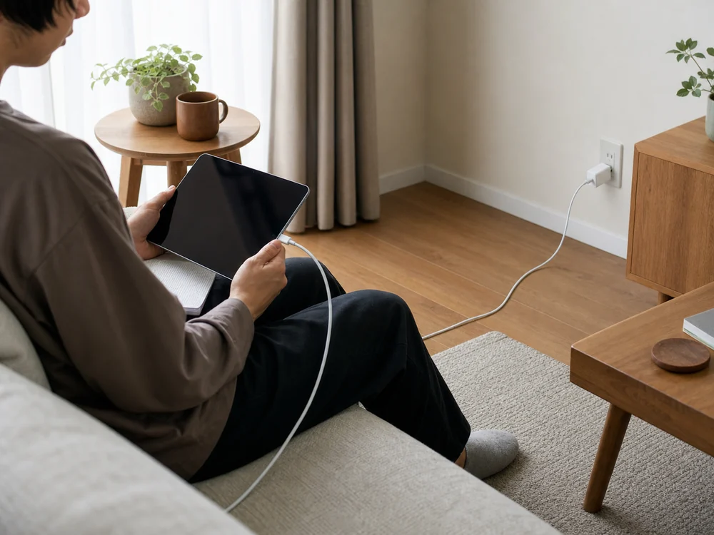 ソファでタブレットを使いながら壁際から白い2m USB-Cケーブルで充電する様子