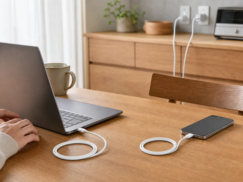 ノートPCとスマートフォンに白いUSB-Cケーブル2本を接続したダイニングの充電スペース