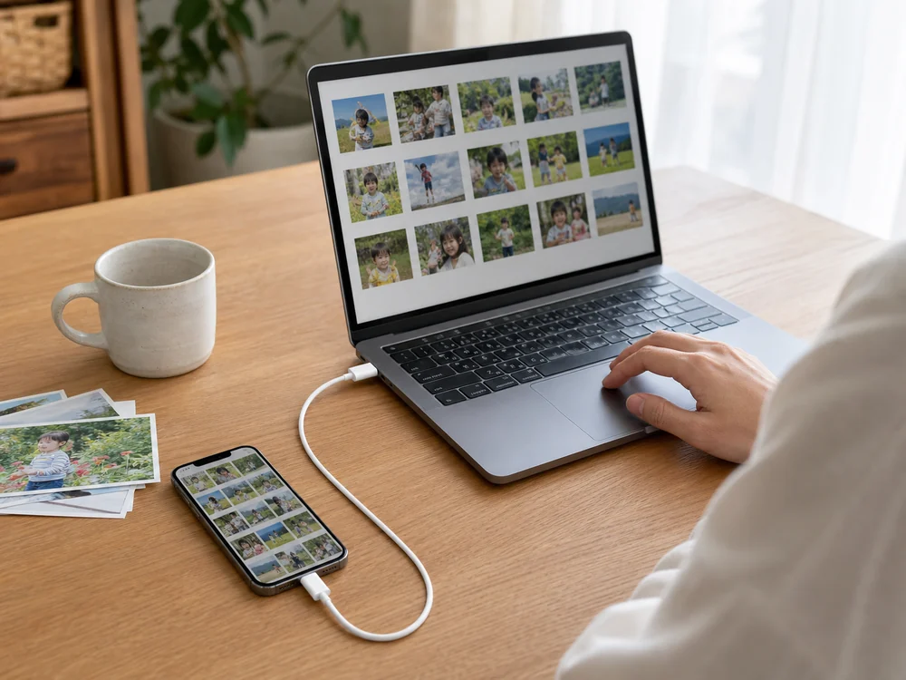 白いUSB-CケーブルでスマートフォンからノートPCへ写真を同期する様子