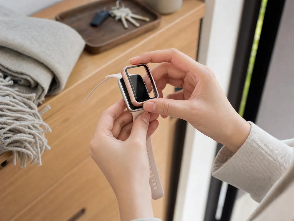 外出前にHUAWEI WATCH FIT 2へピンクの一体型ケースを前面からはめる様子