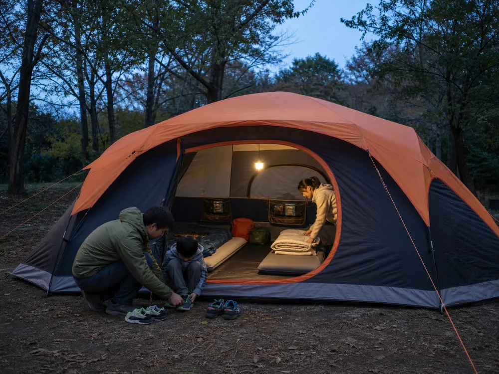 夕方の大型ドームテント内で寝具を整える家族