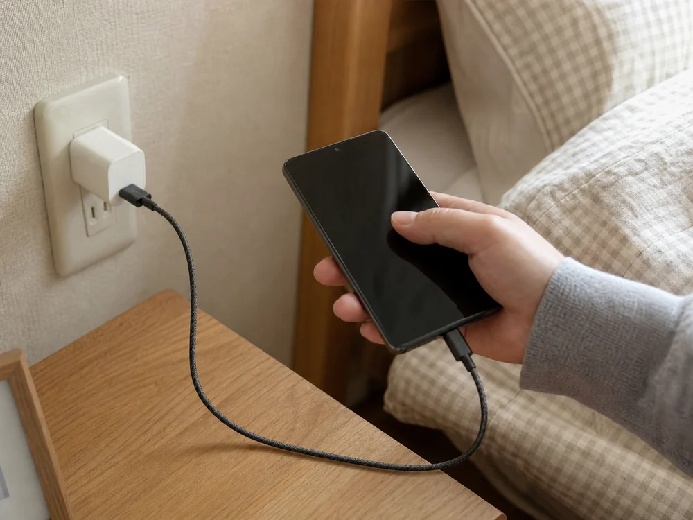 ベッドサイドでUSB-A充電器からスマートフォンを充電する黒い編み込みUSB-Cケーブル