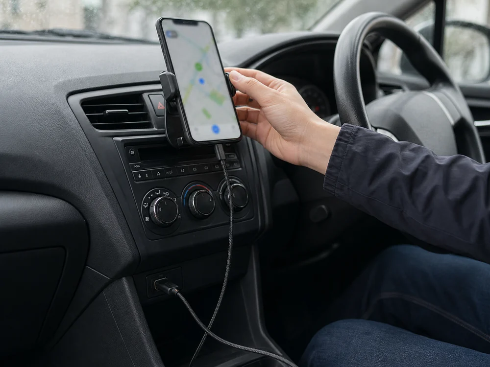 車のUSB-A端子とスマートフォンを接続する黒い編み込みUSB-Cケーブル