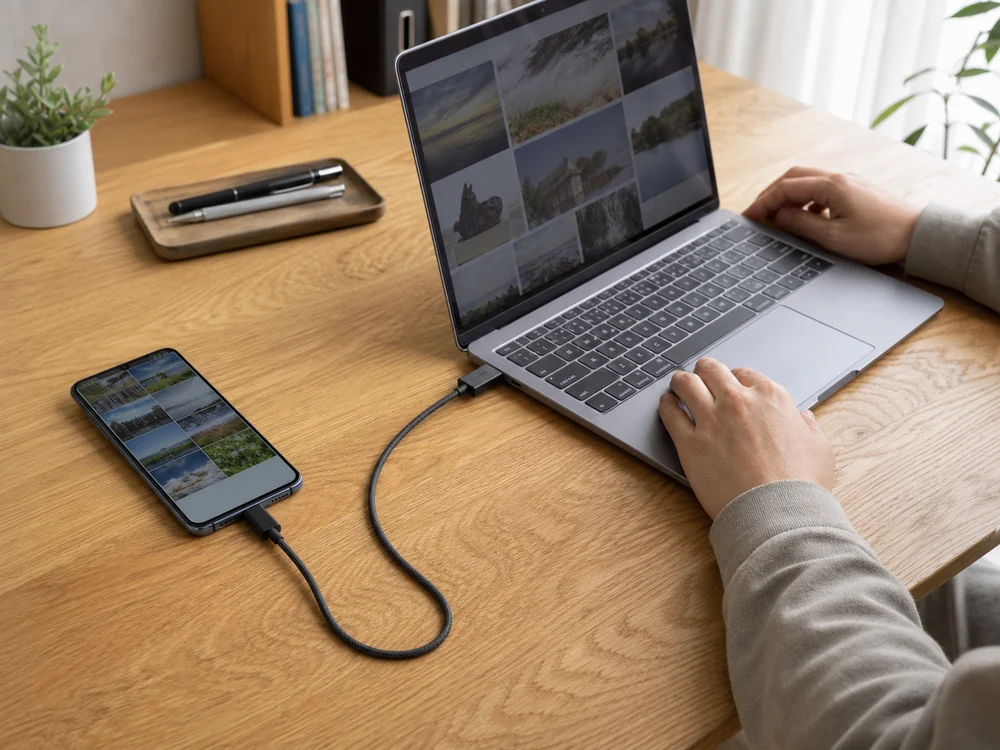 ノートPCのUSB-Aポートとスマートフォンを接続してデータ転送する黒い編み込みケーブル