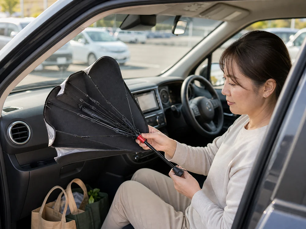 買い物後の車内で傘型サンシェードを閉じる様子