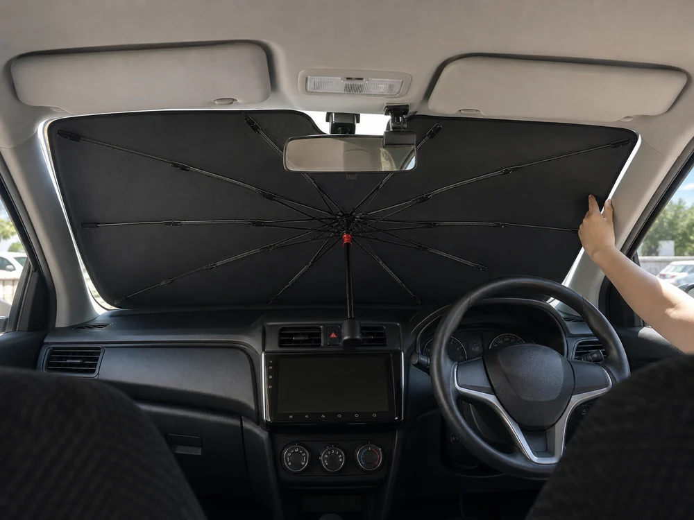 車内でミラーとディスプレイを避けて設置した傘型サンシェード