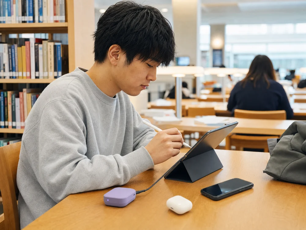 図書館で紫色のモバイルバッテリーからタブレットへ給電する様子