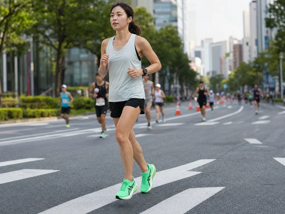 緑のランニングシューズで市街地のロードレースを一定のリズムで走るランナー