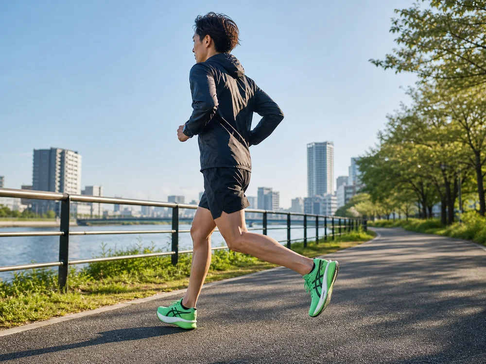 緑のランニングシューズで川沿いの舗装路をテンポよく走るランナー