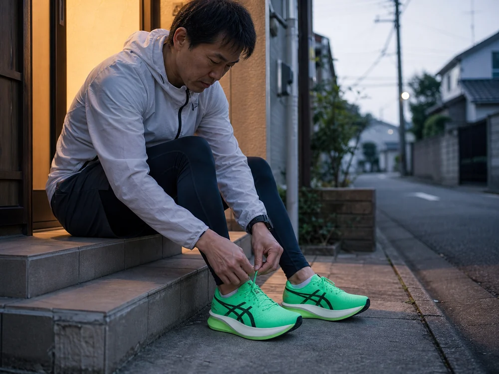 夜明けの玄関先で緑のランニングシューズの靴ひもを結ぶランナー