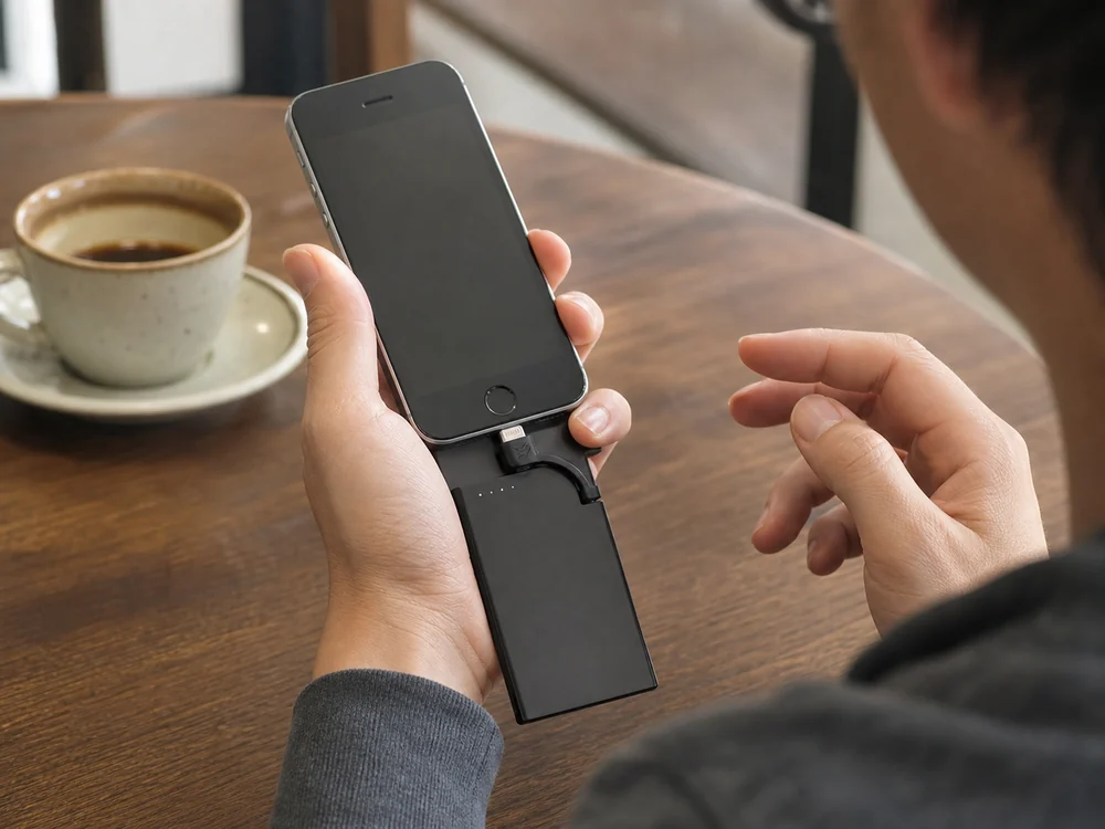 iPhoneと黒い薄型モバイルバッテリーを重ねて短いケーブルを曲げずに持つ様子