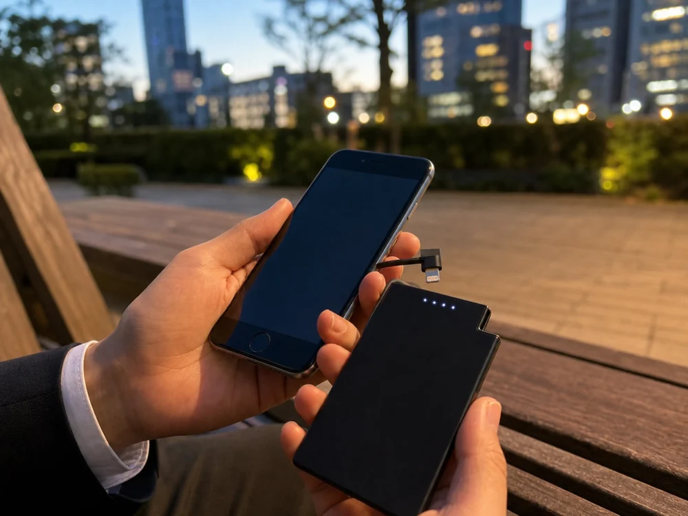 夕方のベンチで4灯LEDを確認しiPhoneを補助充電する黒い薄型モバイルバッテリー