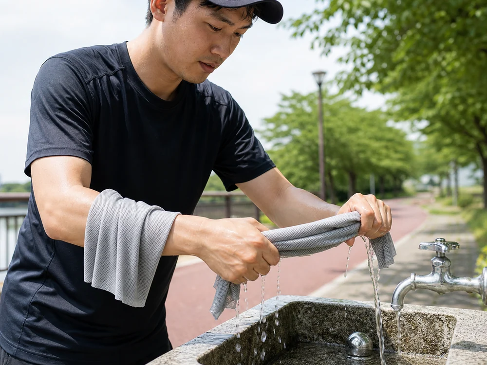 公園の水場でグレーの冷感タオルを絞り、もう1枚を手首に巻くランナー