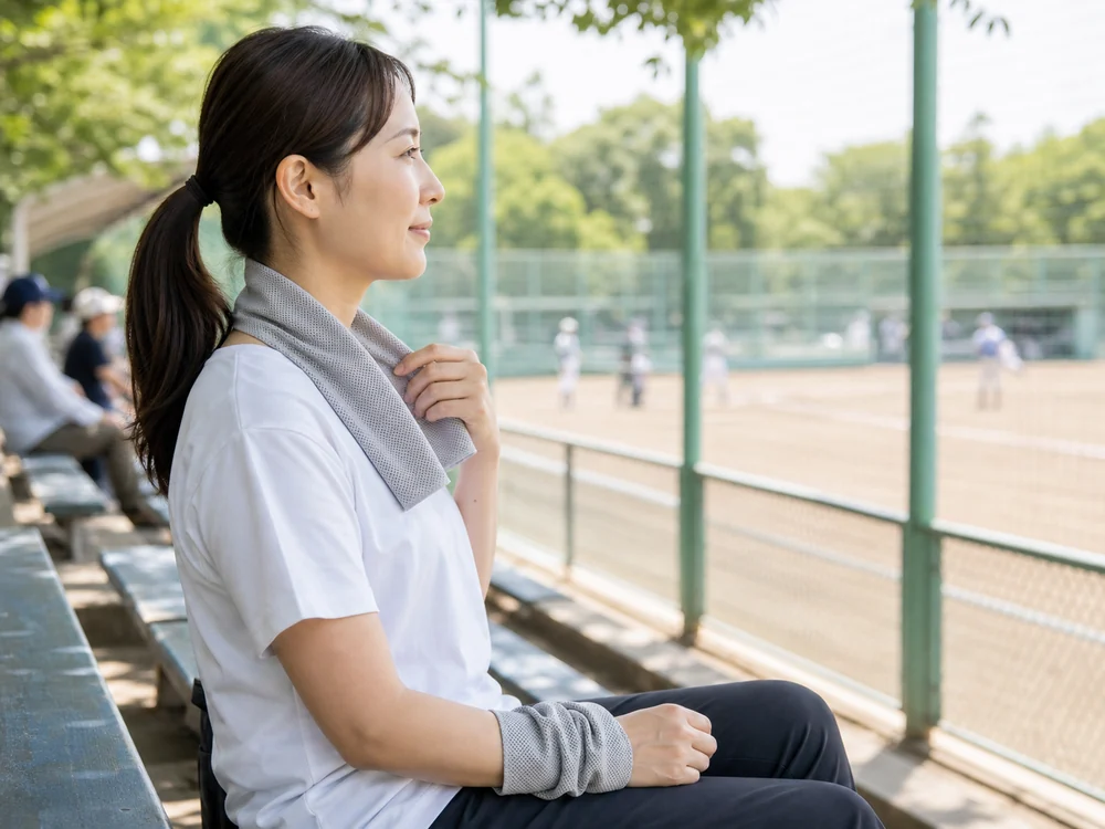 野球場の観客席でグレーの冷感タオルを首元と手首に使う女性