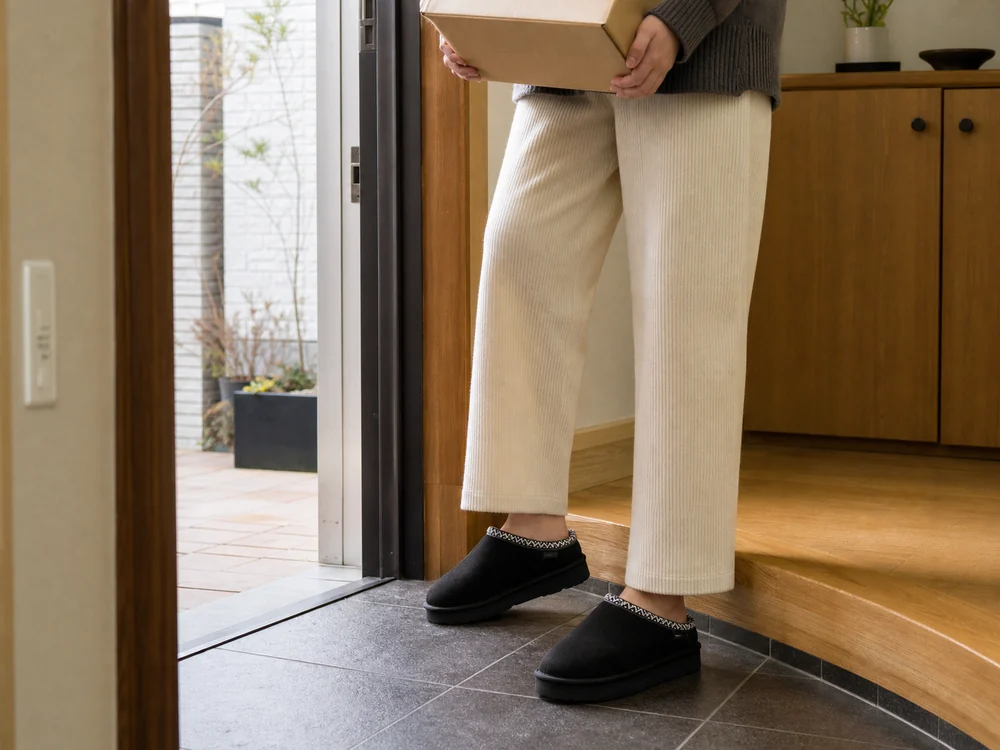 玄関で黒いスエードクロッグを履き宅配の箱を受け取った女性