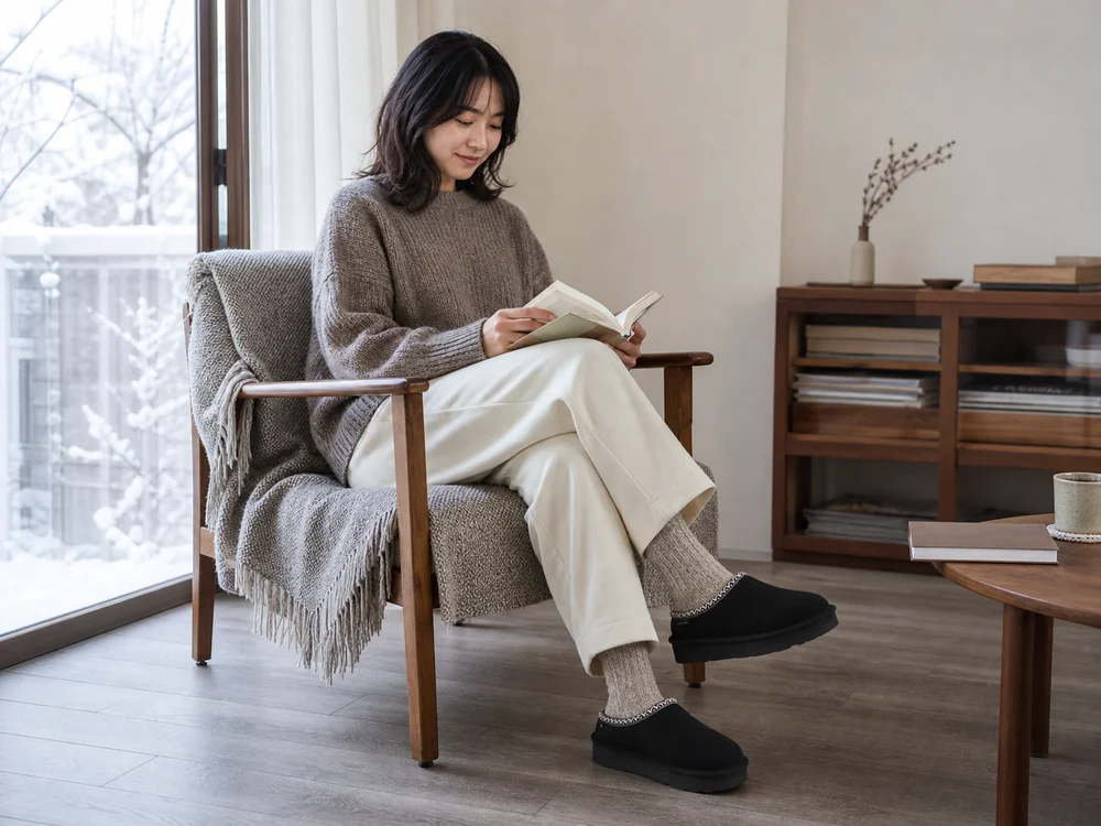 冬のリビングで黒いスエードクロッグを履いて読書する女性