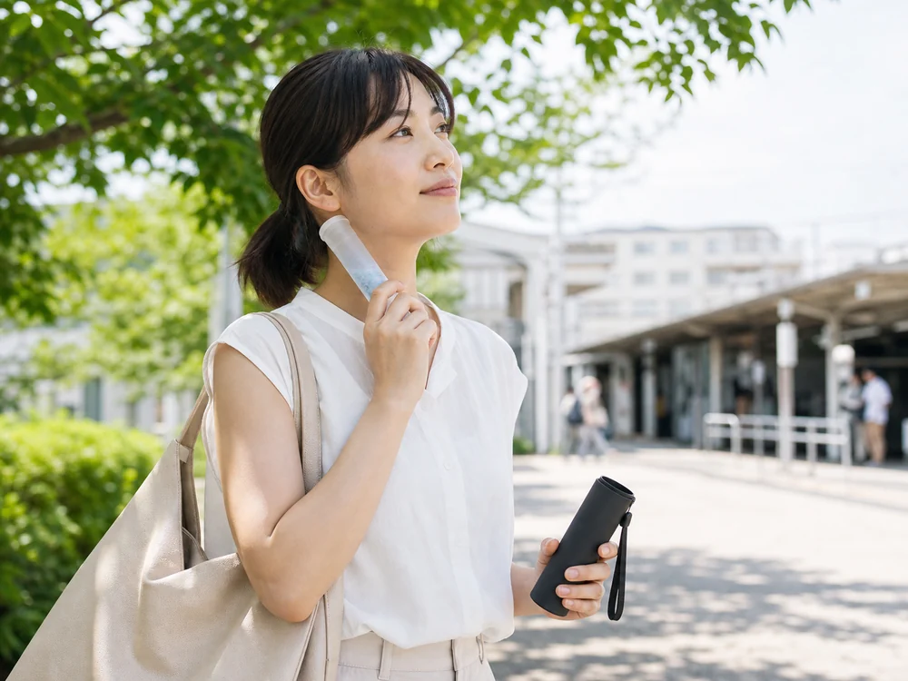 駅前の日陰でBeingミニ氷嚢を首筋に当てる通勤者