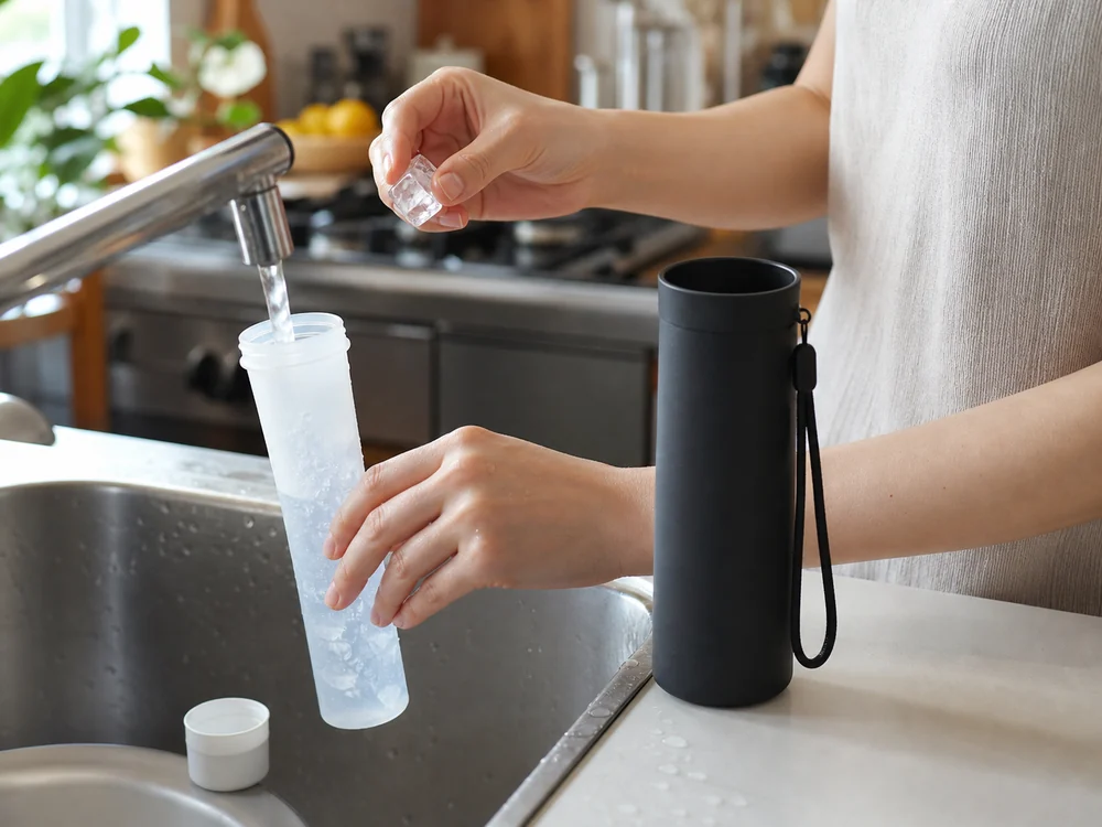 キッチンでシリコン製の氷のうに水と氷を入れる準備風景
