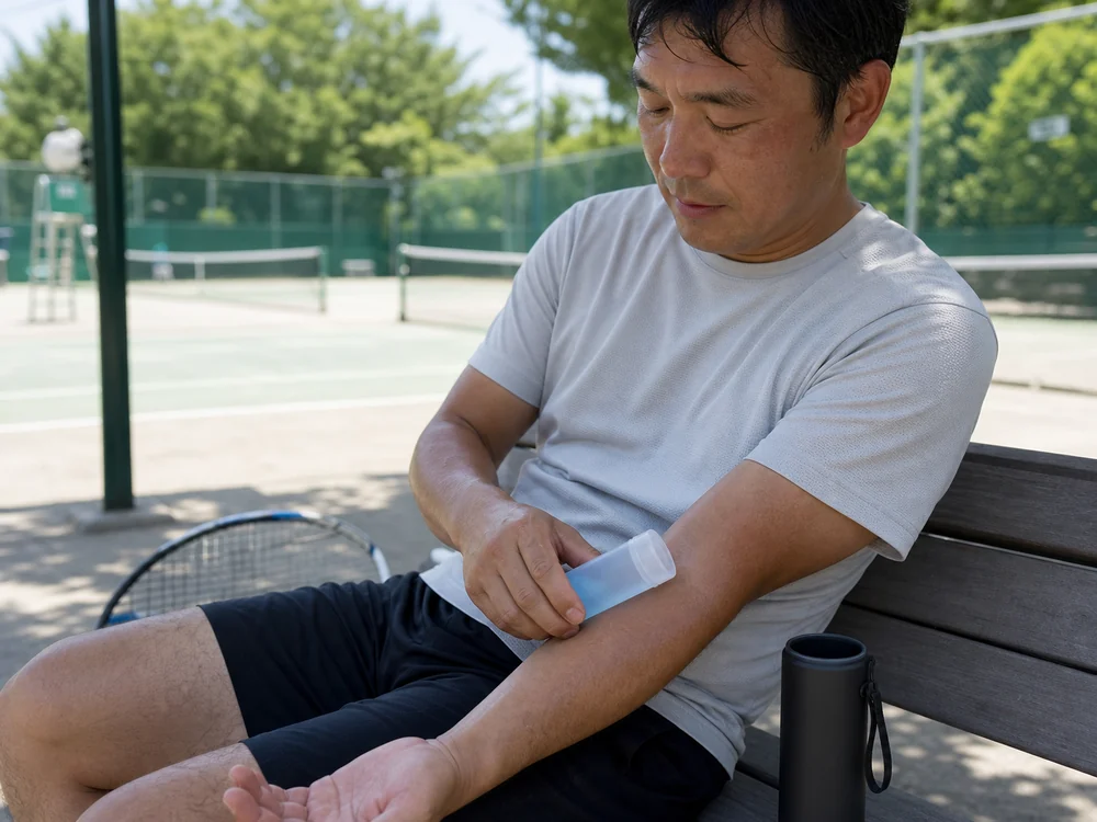テニスの休憩中にミニ氷嚢で腕を冷やす人