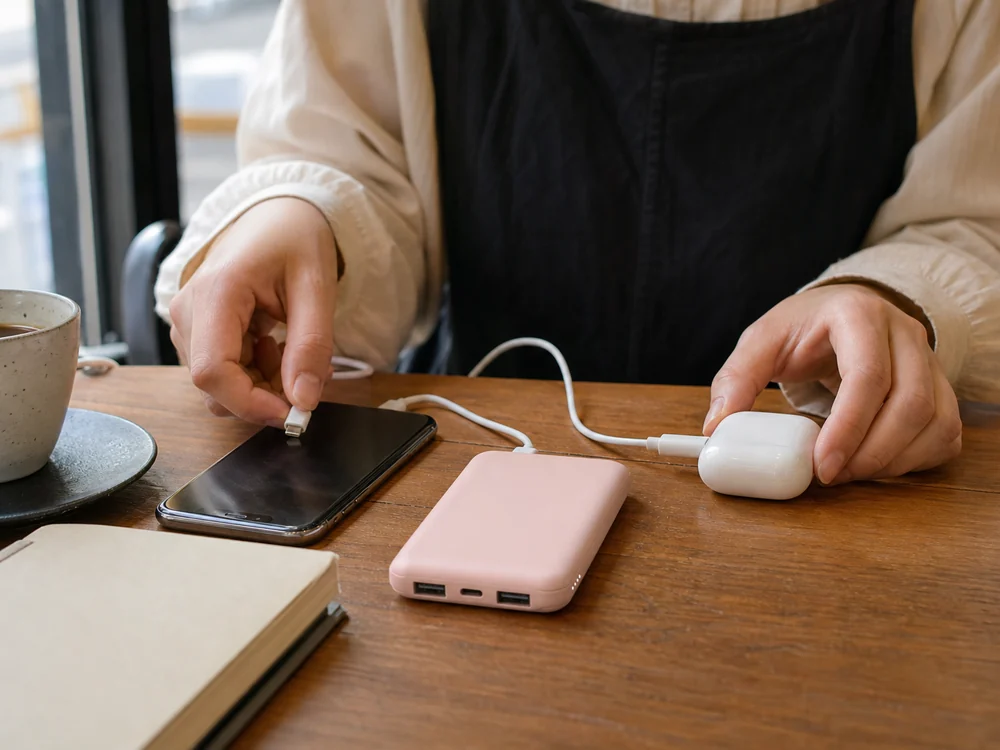 カフェでスマホとイヤホンケースを3ポートのモバイルバッテリーにつなぐ様子