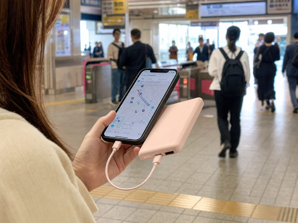 駅でスマホと薄型のピンク色モバイルバッテリーを重ねて持つ様子