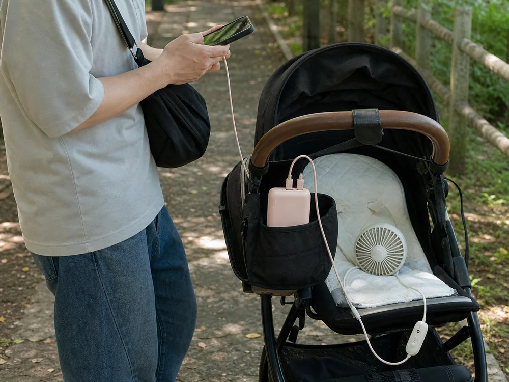 ベビーカー横でファン付きシートとスマホに給電するモバイルバッテリー