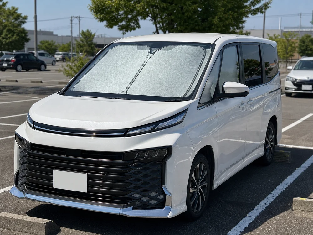 夏の屋外駐車場で90系ミニバンのフロントガラスを覆う銀色のサンシェード