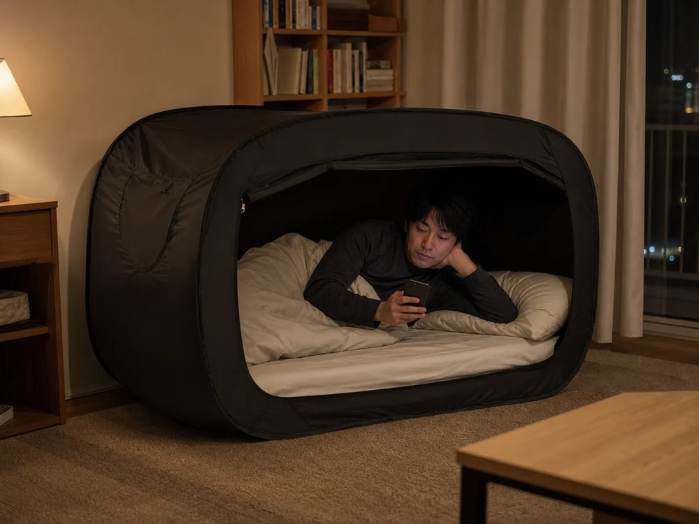 黒いポップアップ式ベッドテントで寝床を静かに区切ったワンルームの夜