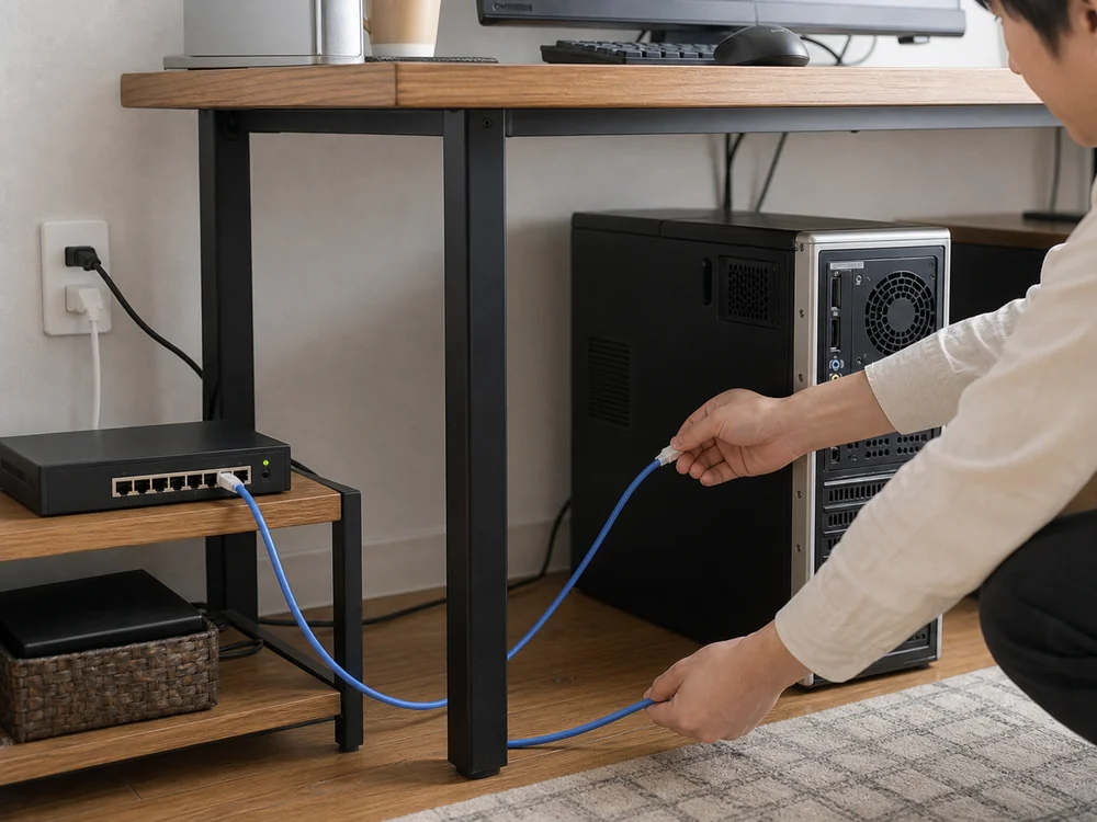 ホームオフィスでハブとデスクトップPCを青いLANケーブルでつなぐ様子