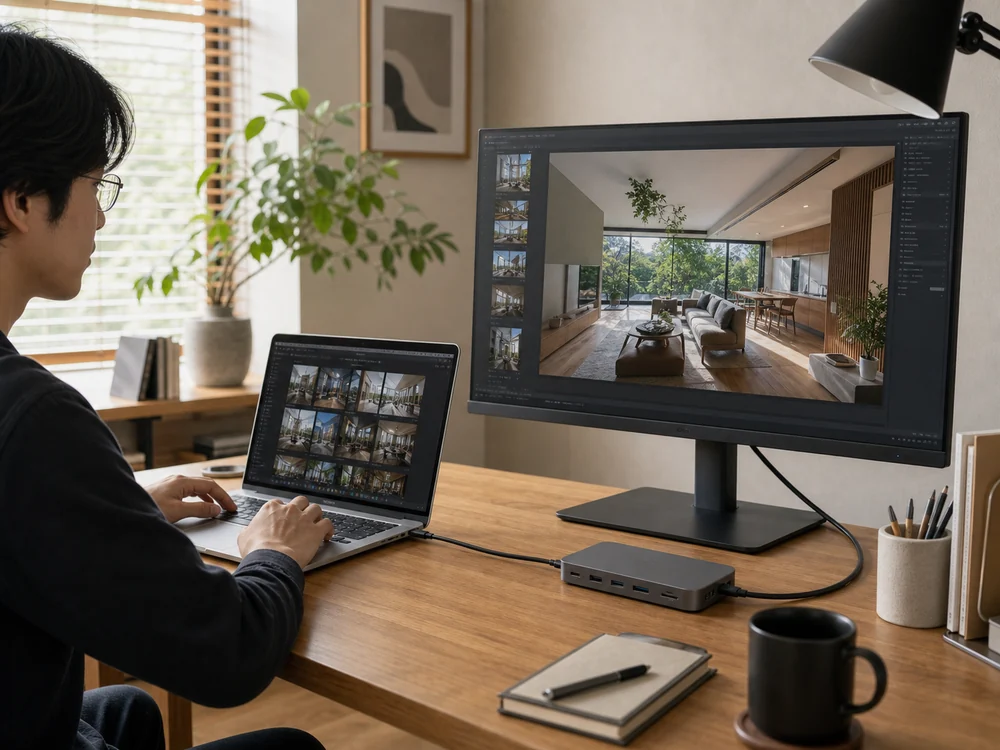 黒いThunderbolt 5ケーブル1本でノートPCとモニターとドックをつないでいる作業風景