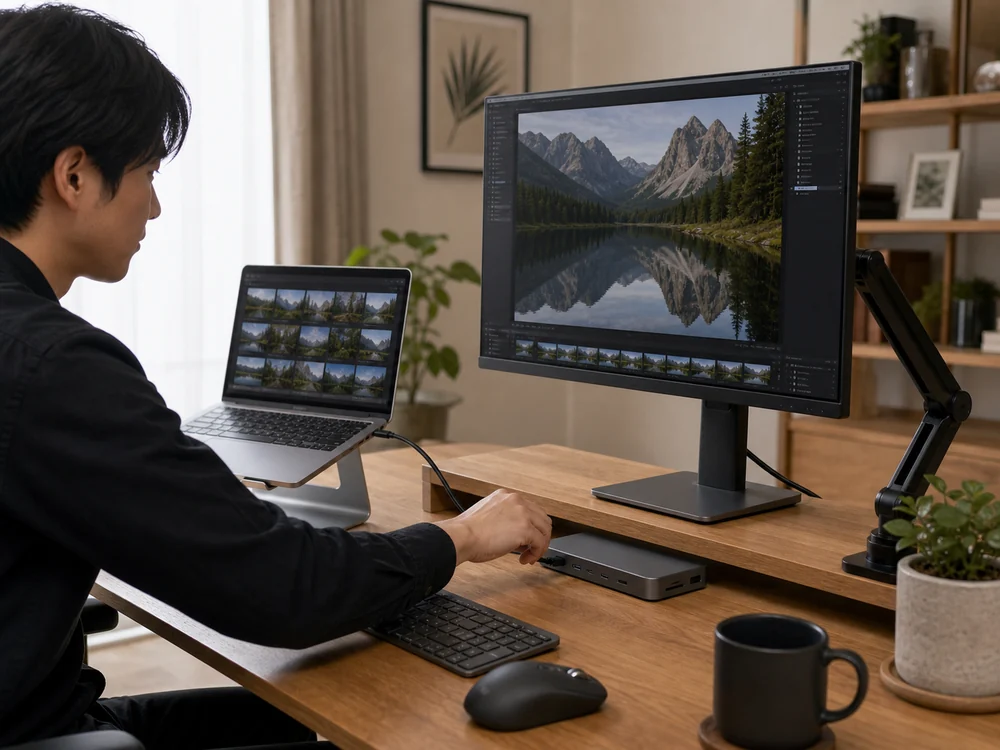 1mのThunderbolt 5ケーブルをノートPCスタンド横のドックへ無理なく配線している様子