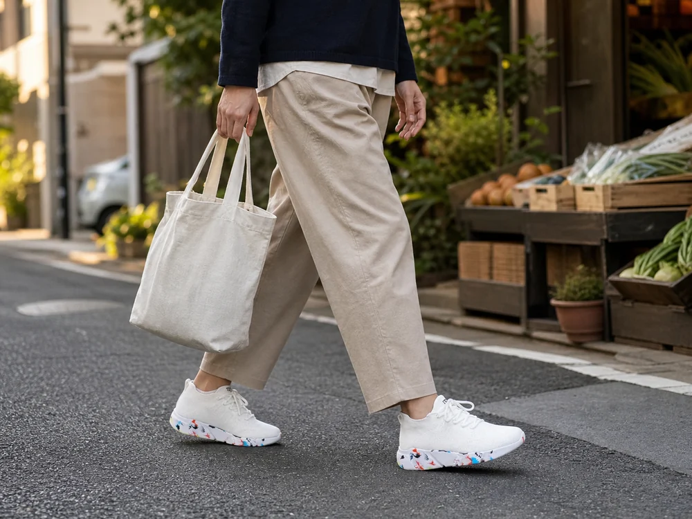 買い物帰りに白いニットスニーカーで歩く人の足元