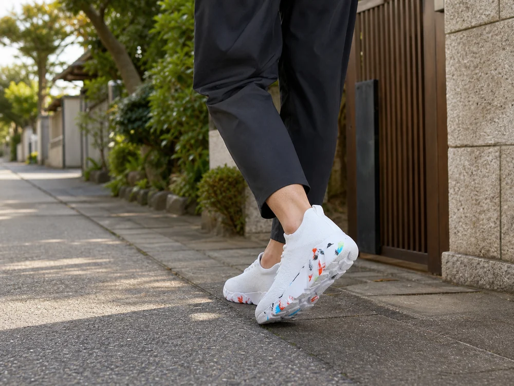 朝の住宅街を白いニットスニーカーで歩き始める足元